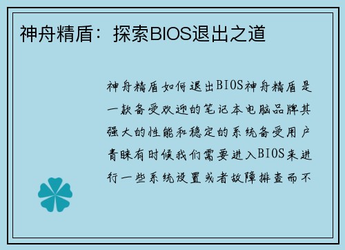 神舟精盾：探索BIOS退出之道